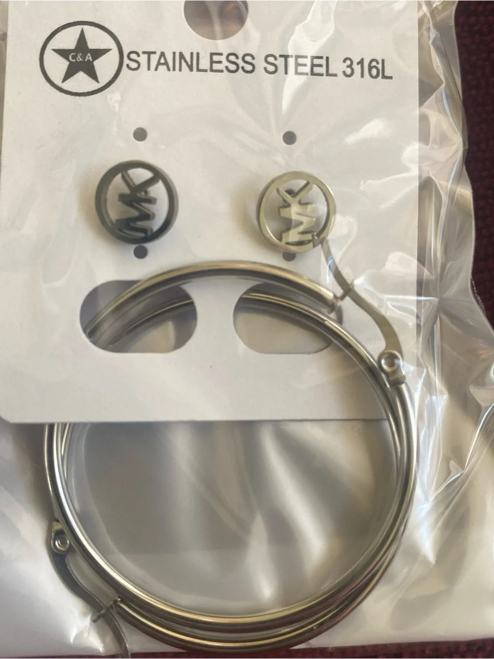 Stainless Steel Hoop Earrings with Logo Studs - Silver